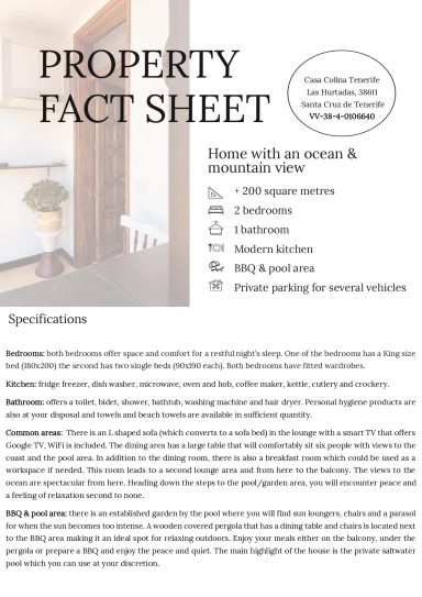 casa colina tenerife, fact sheet, rooms, swimming pool, bbq area, bedrooms, bathroom